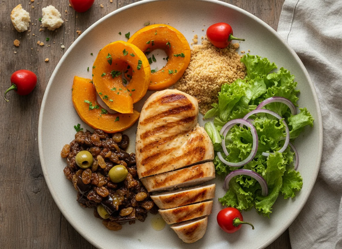 Frango grelhado com abóbora, salada e antepasto de berinjela photo