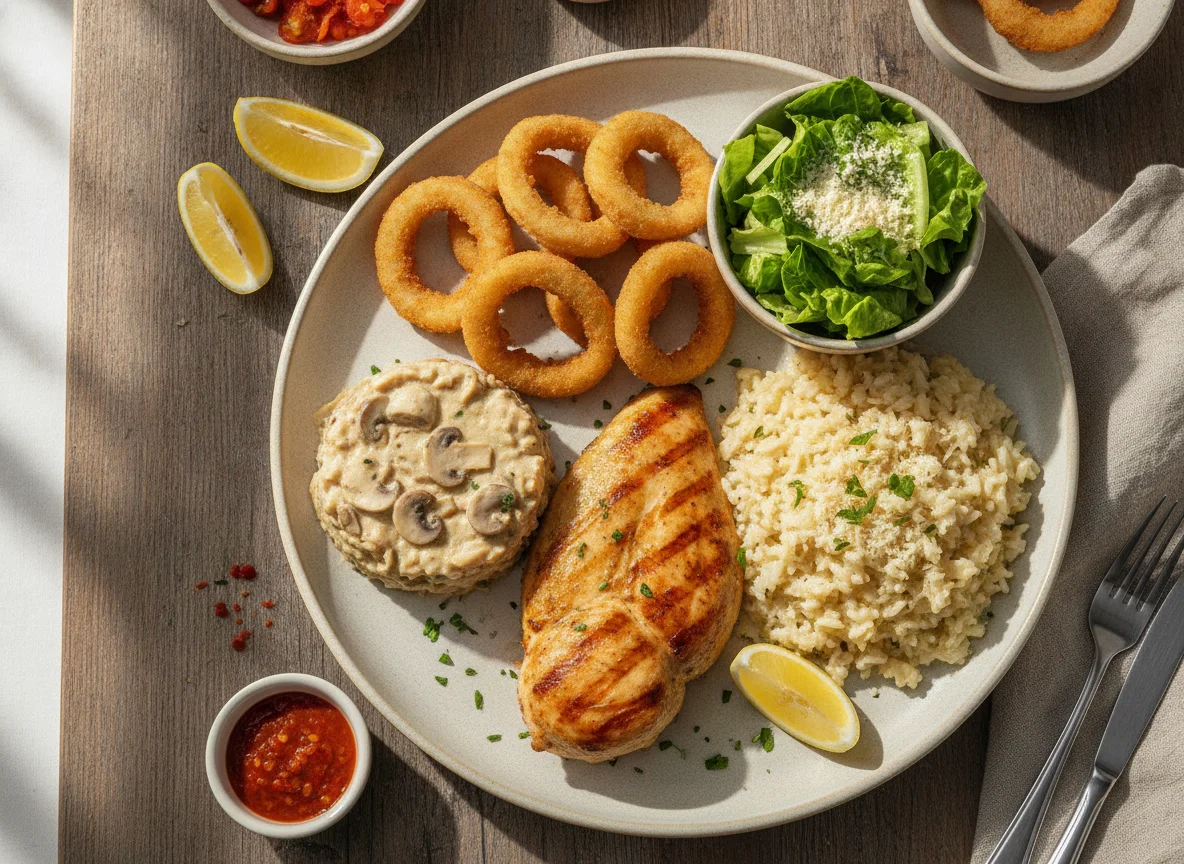 Frango grelhado com anéis de cebola, salada e acompanhamentos photo