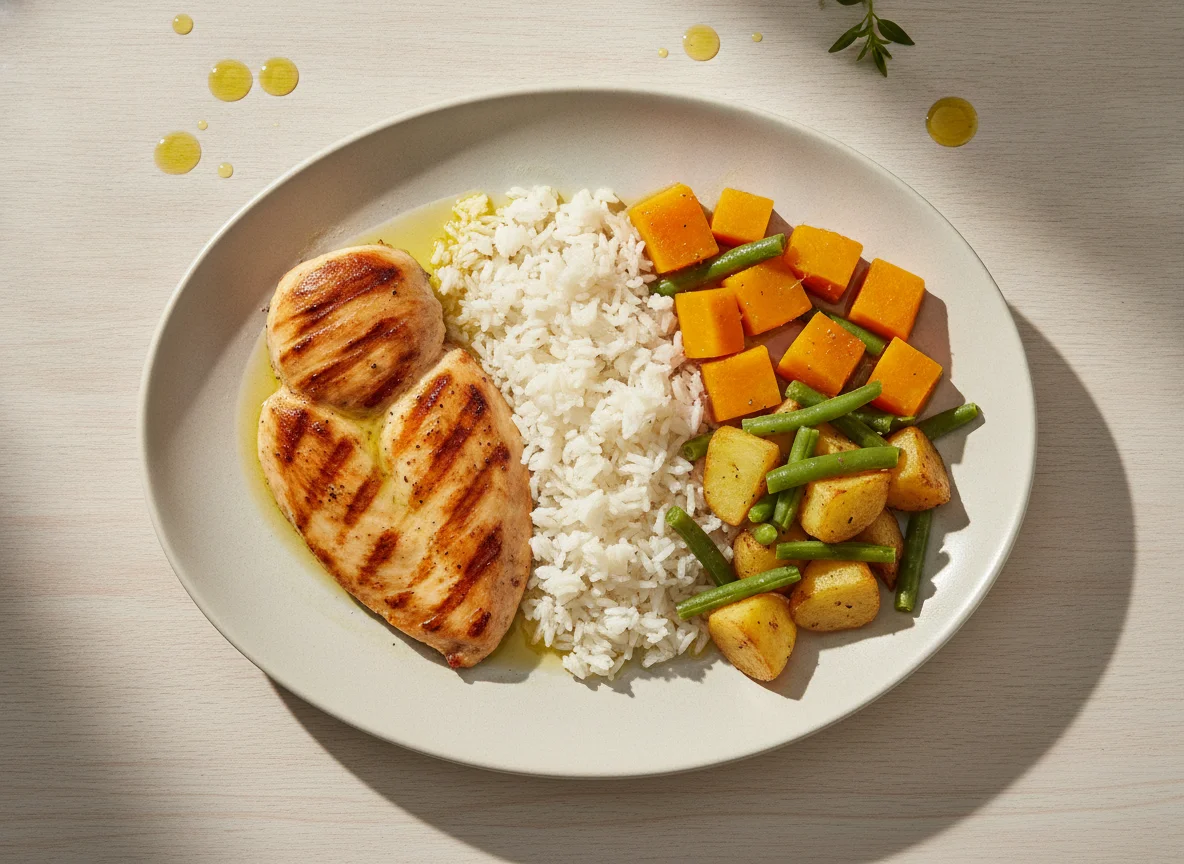 Frango grelhado com arroz, abóbora e legumes photo