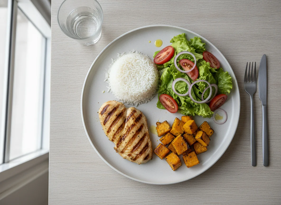 Frango grelhado com arroz, abóbora e salada photo