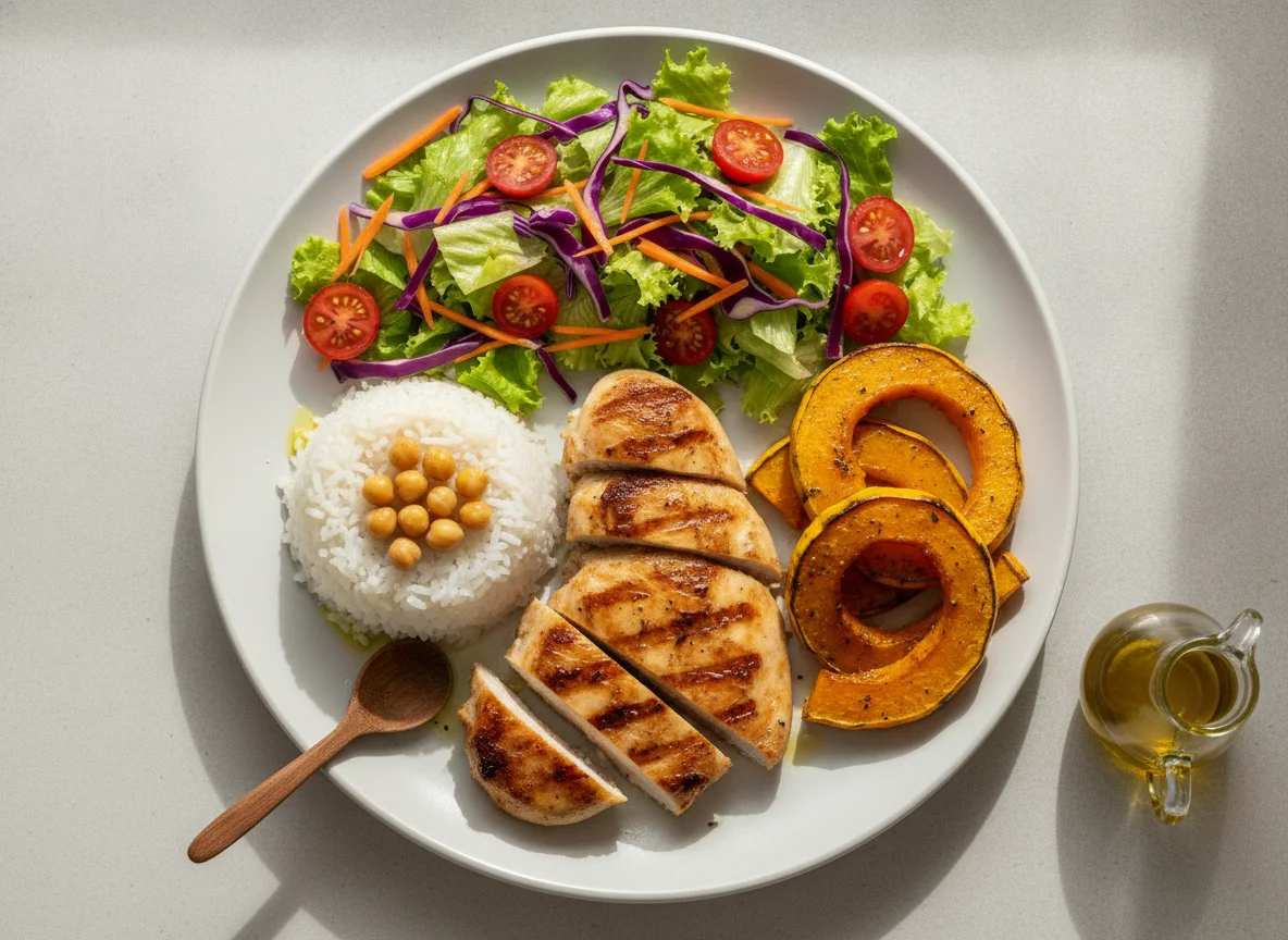 Frango grelhado com arroz, abóbora e salada mista photo