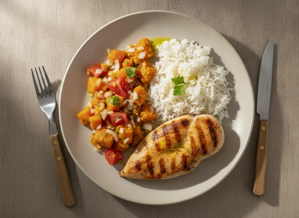 Frango grelhado com arroz, abóbora e tomate photo