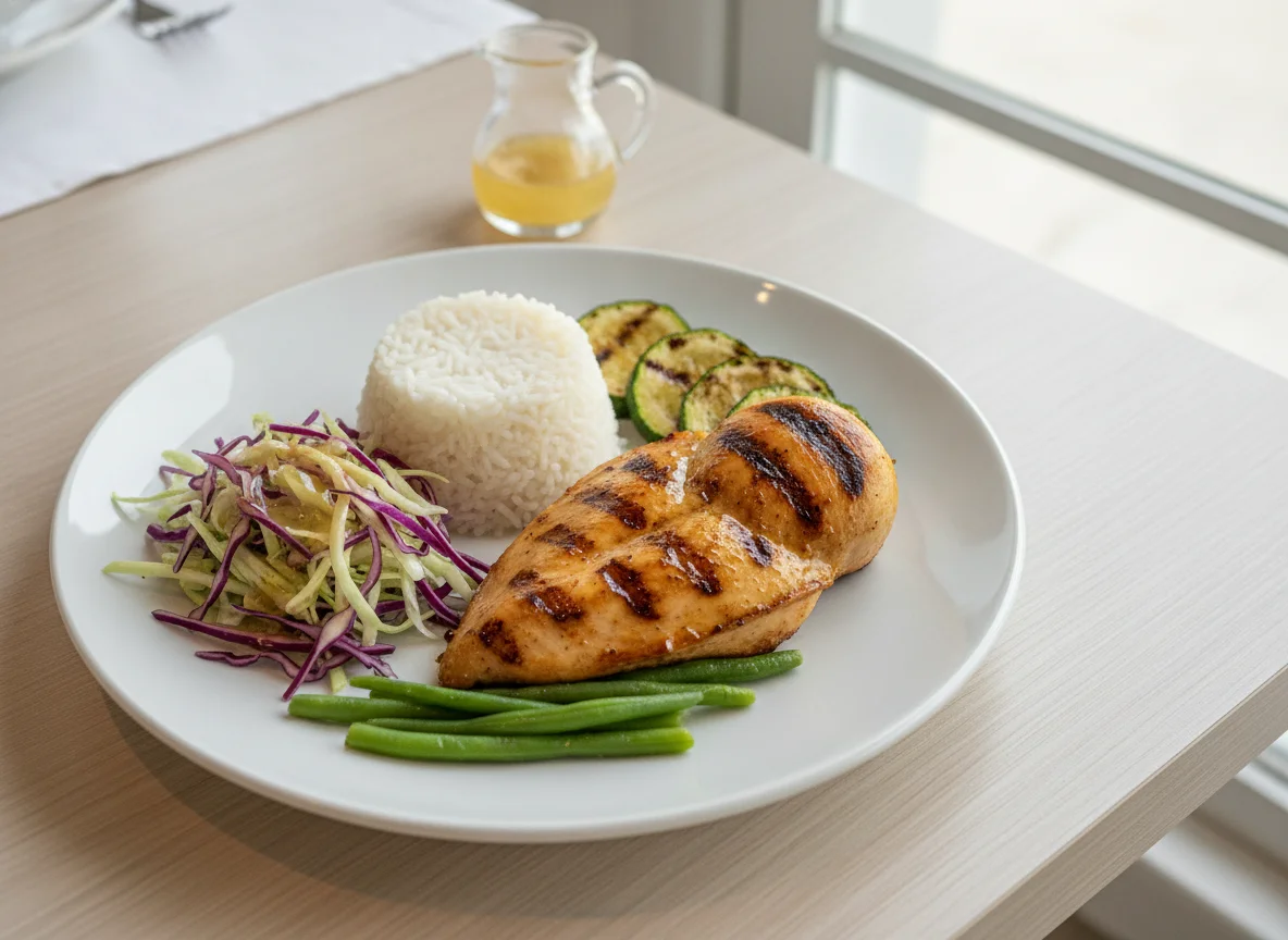 Frango grelhado com arroz, abobrinha e salada de repolho photo