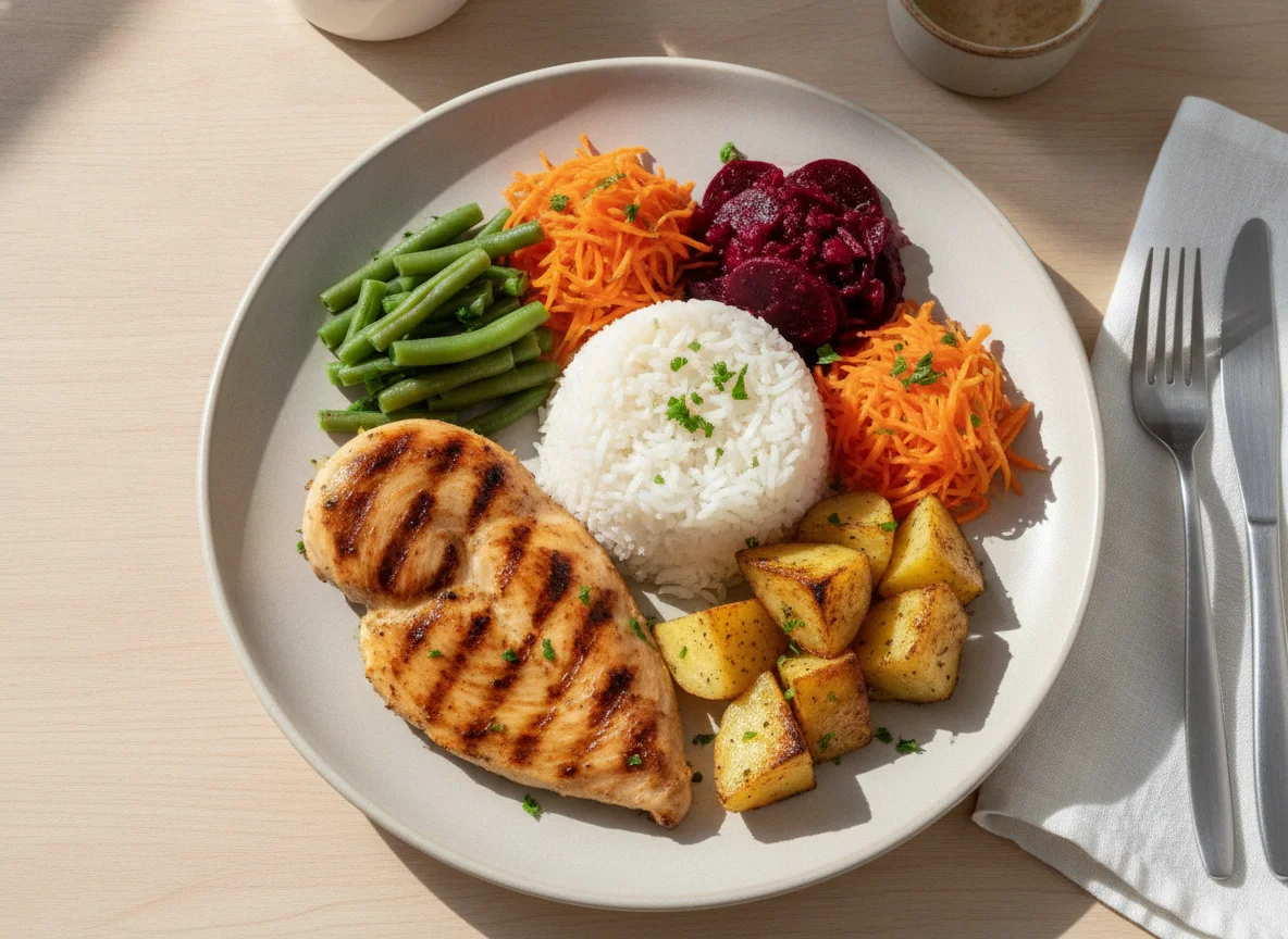 Frango grelhado com arroz, batata, beterraba e legumes photo