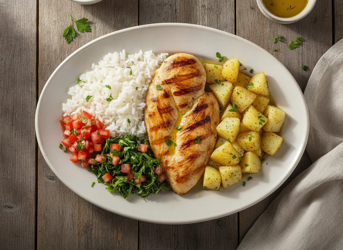 Frango grelhado com arroz, batata e salada de couve com tomate photo