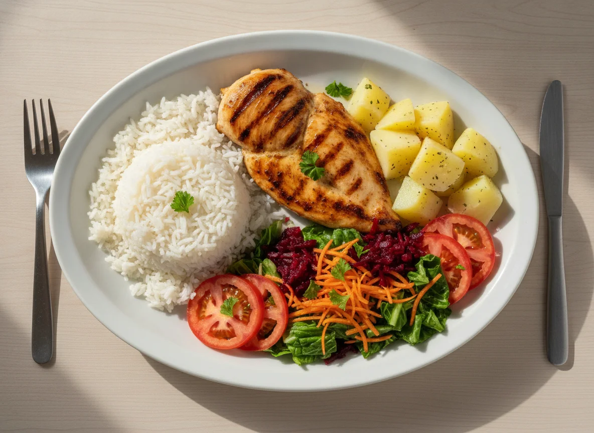 Frango grelhado com arroz, batata e salada mista photo