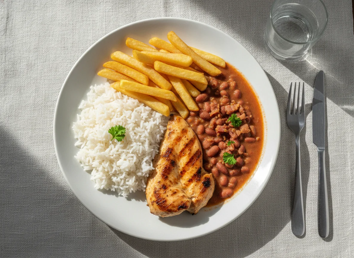 Frango grelhado com arroz, batata frita e feijão photo