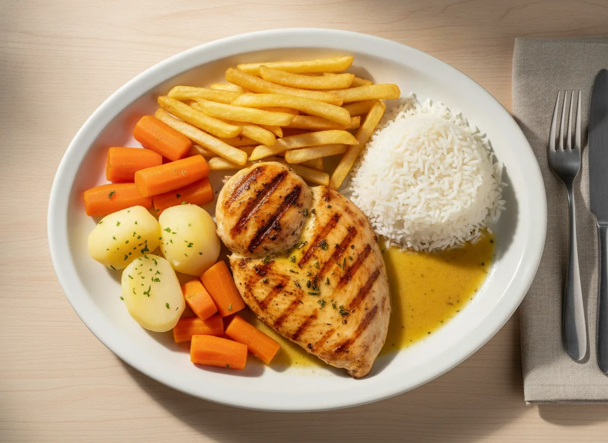 Frango grelhado com arroz, batata frita e legumes cozidos photo