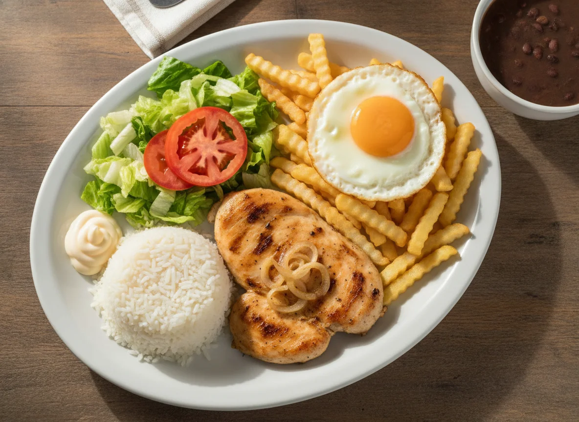 Frango Grelhado com Arroz, Batata Frita e Ovo photo