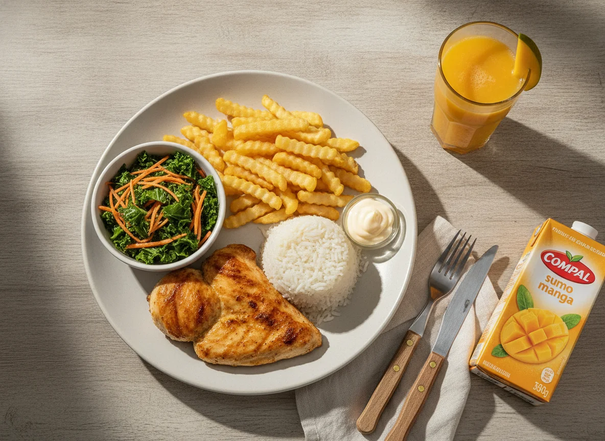 Frango grelhado com arroz, batata frita, salada e sumo de manga photo