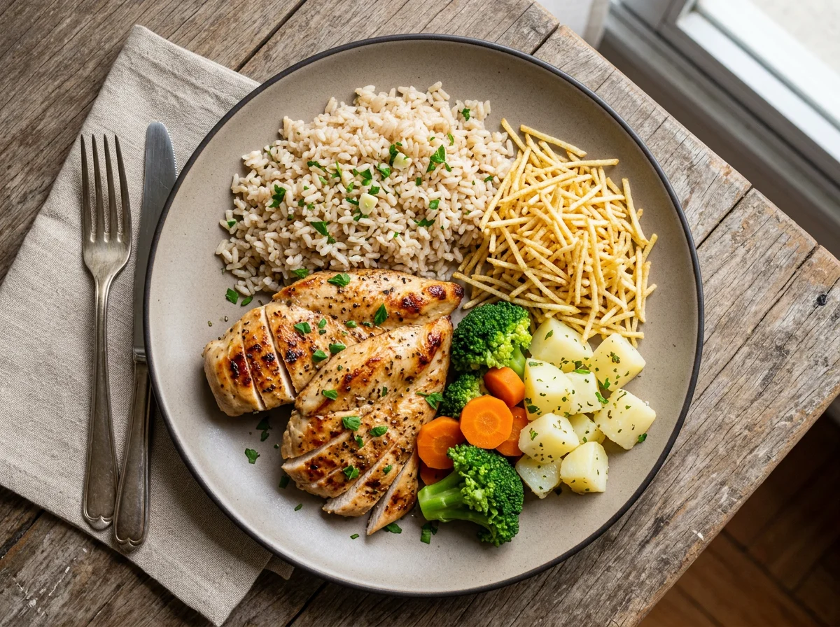Frango grelhado com arroz, batata palha e legumes photo