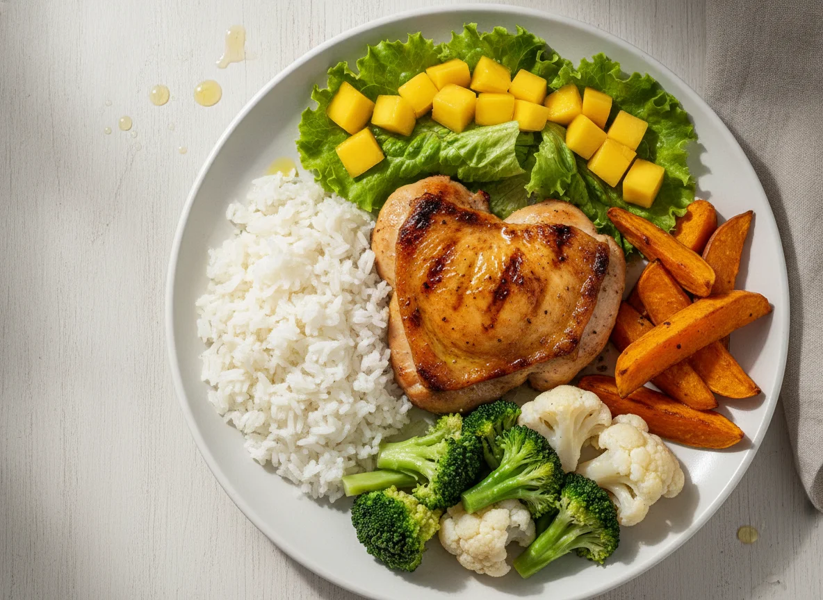 Frango grelhado com arroz, batata-doce, brócolis, couve-flor e salada de manga photo