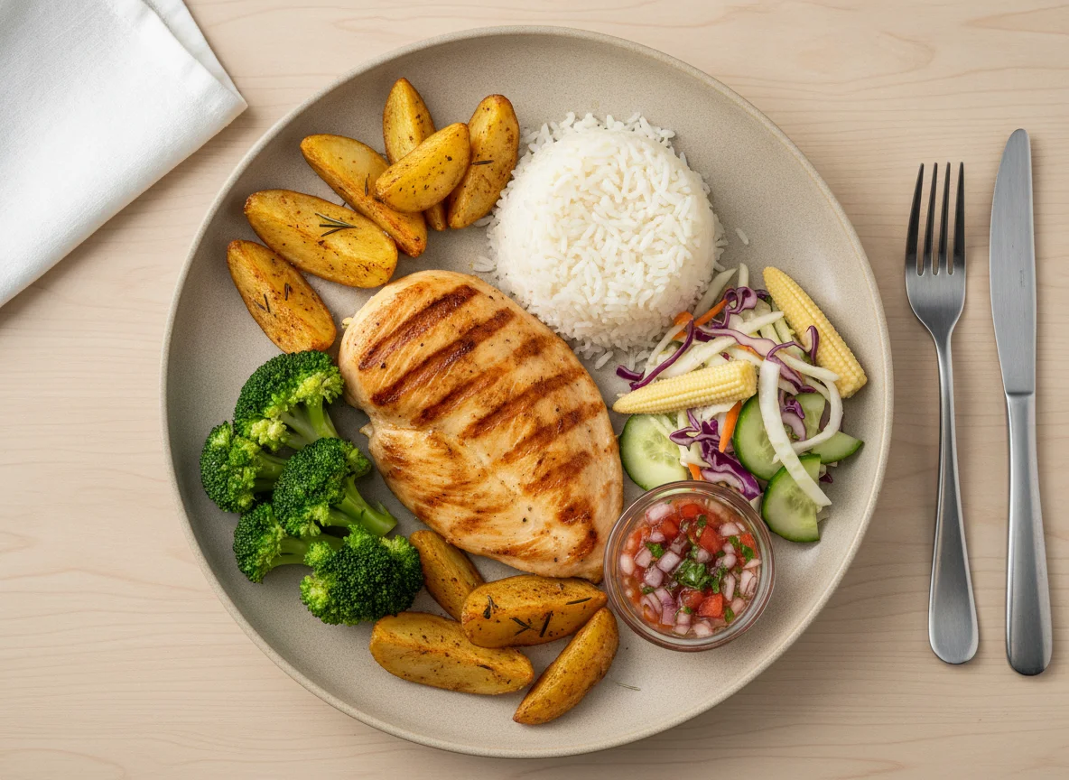 Frango grelhado com arroz, batatas assadas e salada mista photo