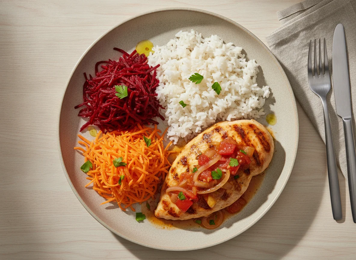 Frango grelhado com arroz, beterraba e cenoura photo