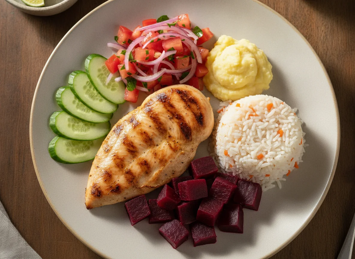 Frango grelhado com arroz, beterraba e salada photo