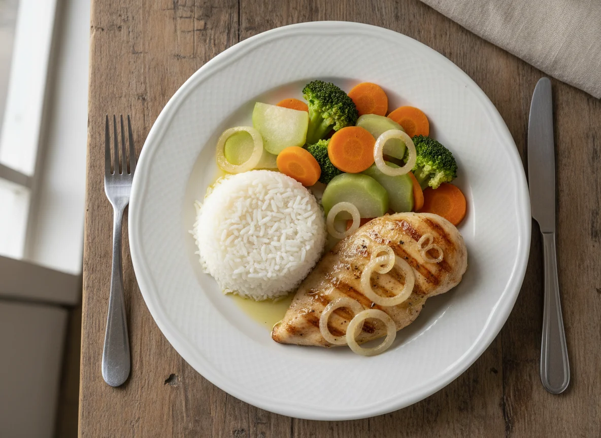 Frango grelhado com arroz branco e legumes no vapor photo