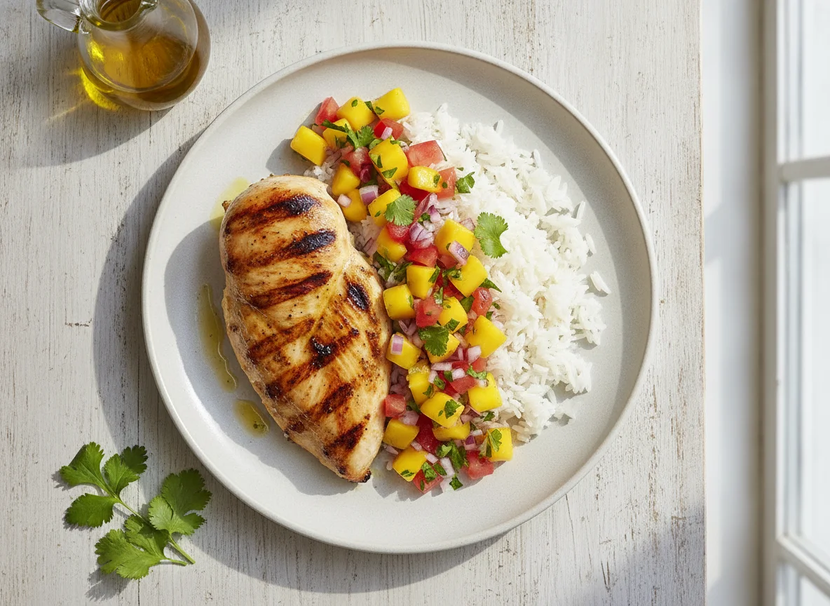 Frango grelhado com arroz branco e vinagrete de manga photo