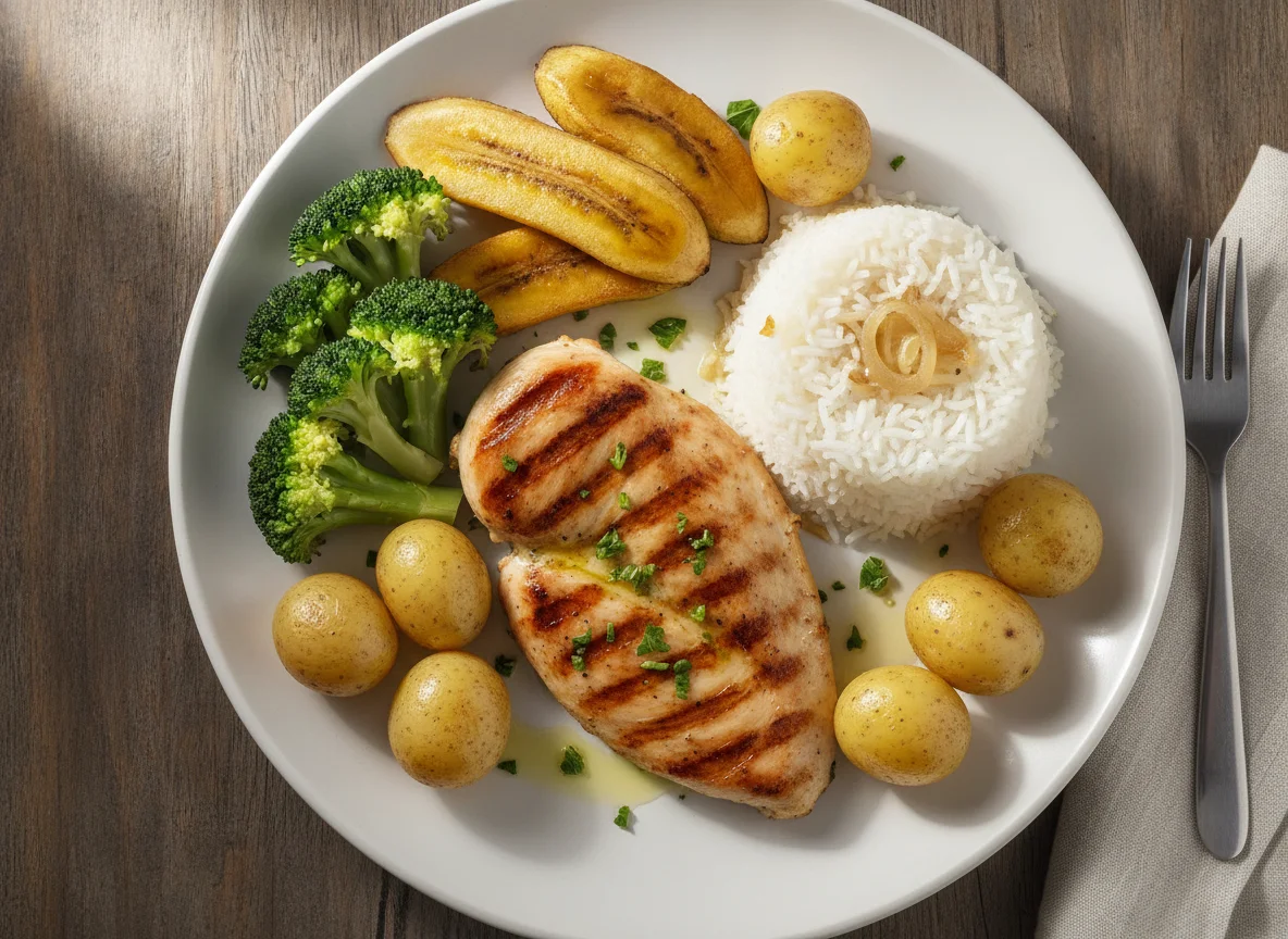 Frango grelhado com arroz, brócolis, batatas e banana photo