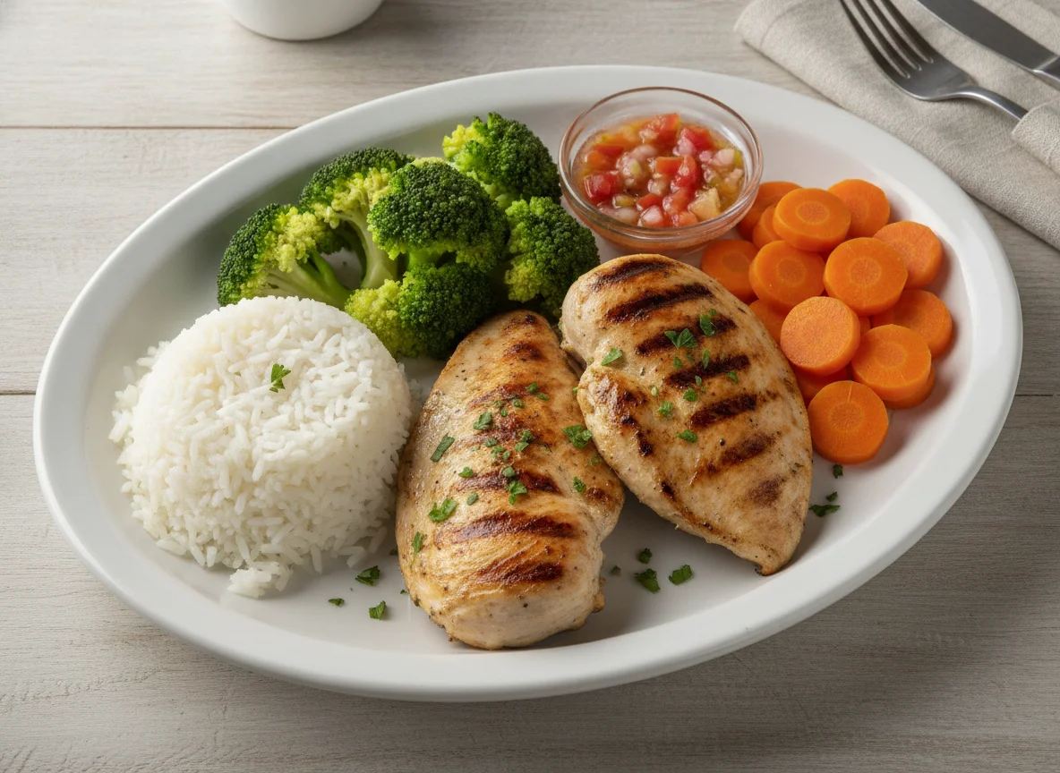Frango grelhado com arroz, brócolis e cenoura photo