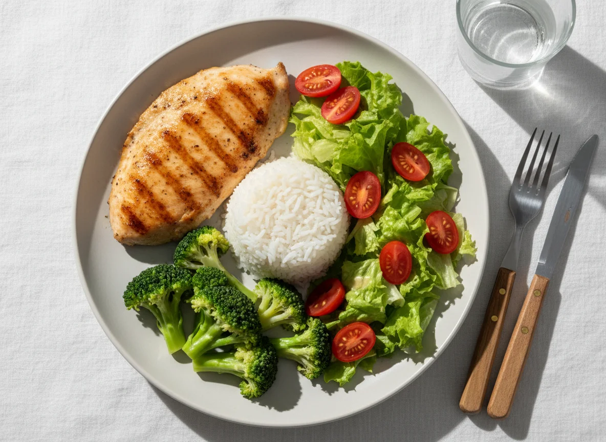 Frango grelhado com arroz, brócolis e salada photo