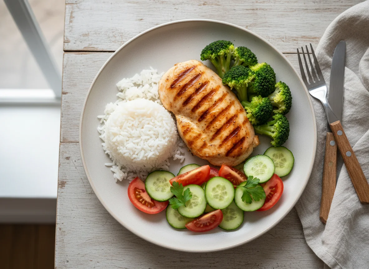 Frango grelhado com arroz, brócolis e salada de pepino e tomate photo