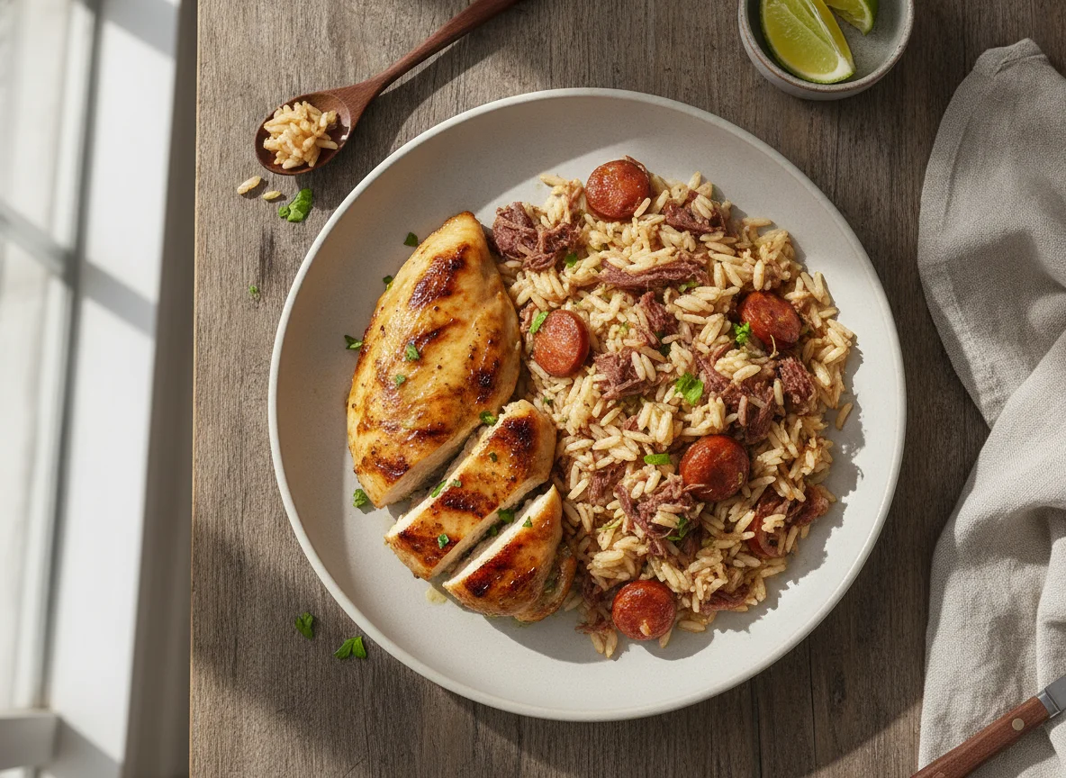 Frango grelhado com arroz carreteiro photo