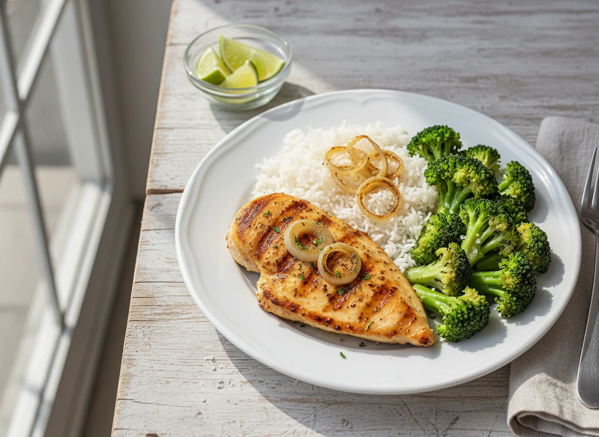 Frango grelhado com arroz, cebola e brócolis photo