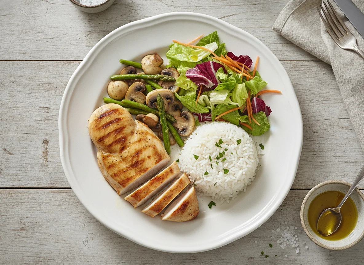 Frango grelhado com arroz, cogumelos e salada photo