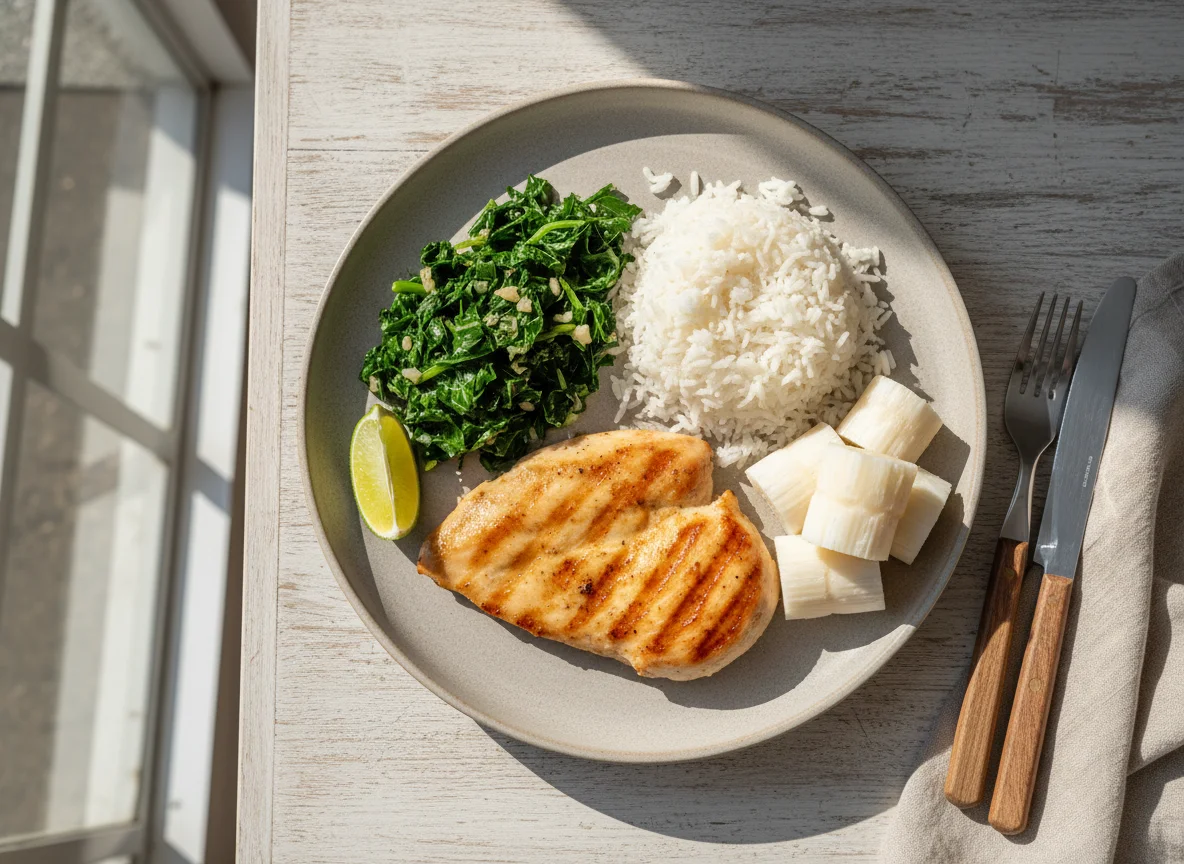 Frango grelhado com arroz, couve e palmito photo