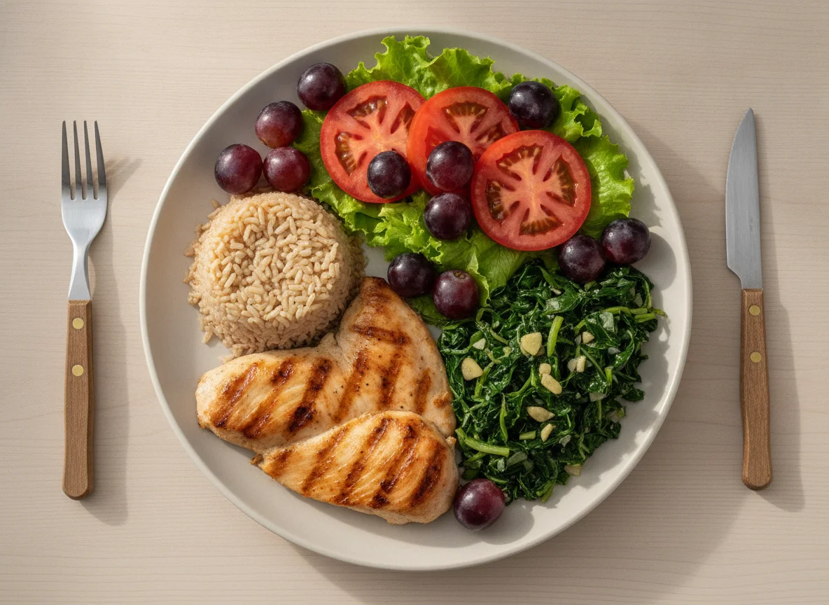 Frango grelhado com arroz, couve, salada e uvas photo