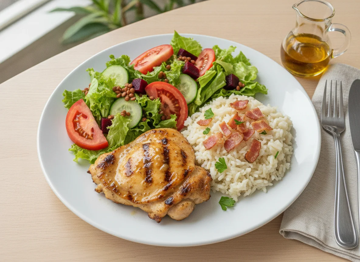 Frango grelhado com arroz cremoso e salada mista photo