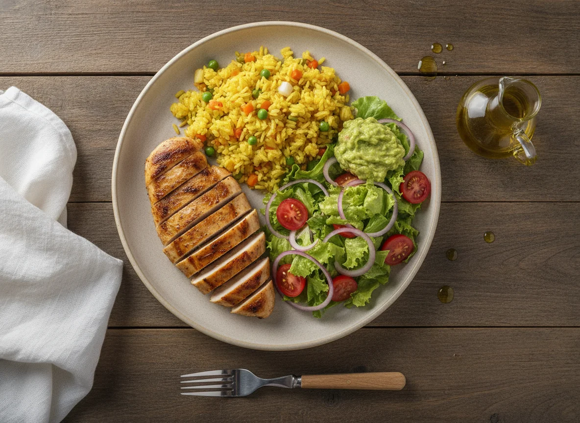 Frango grelhado com arroz de açafrão e salada mista photo