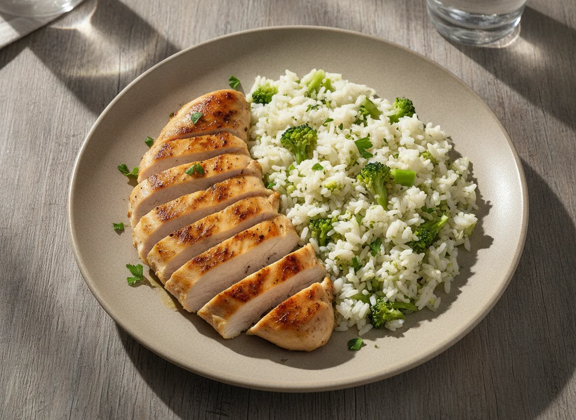 Frango grelhado com arroz de brócolis photo