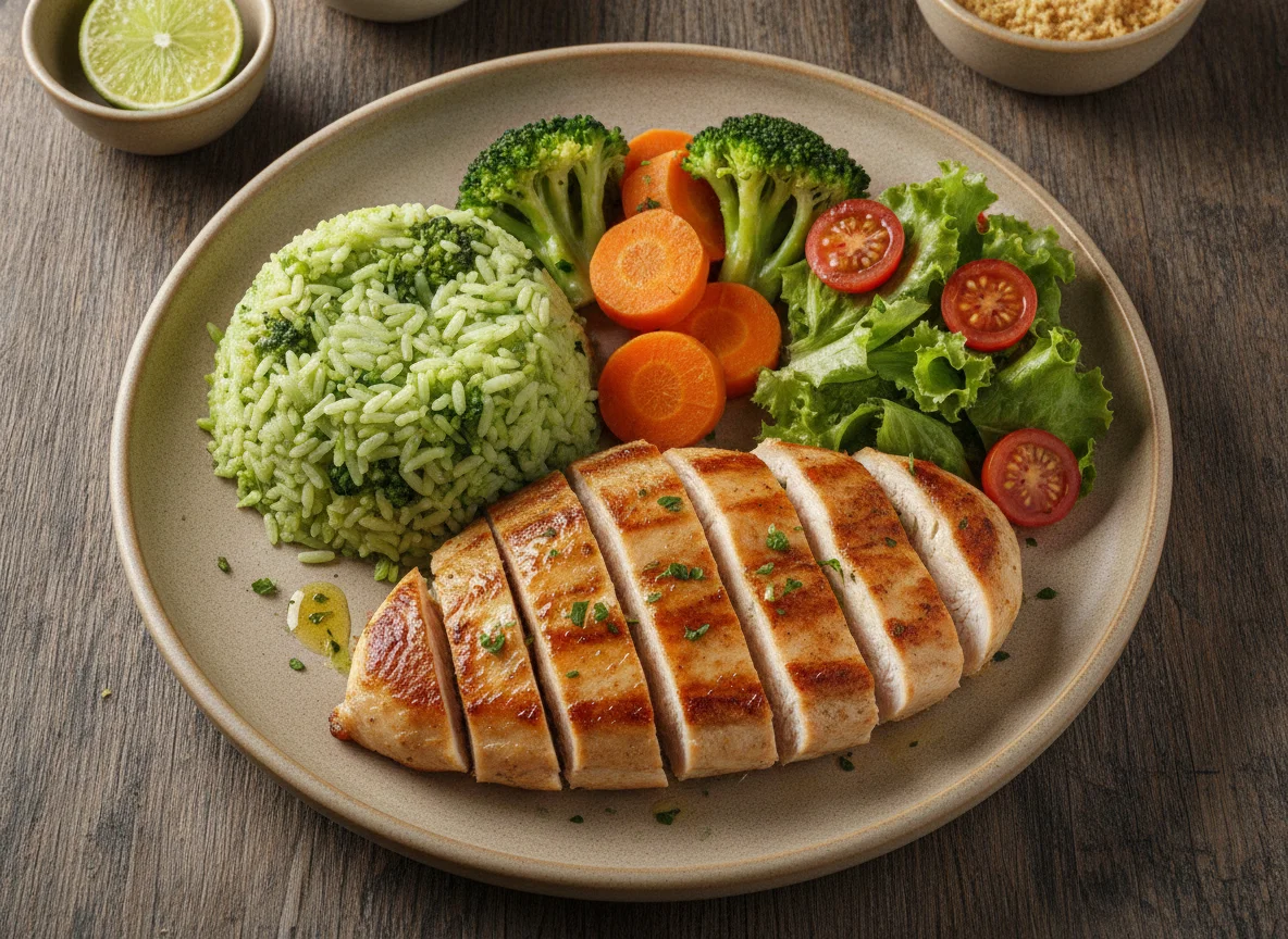Frango grelhado com arroz de brócolis e legumes photo