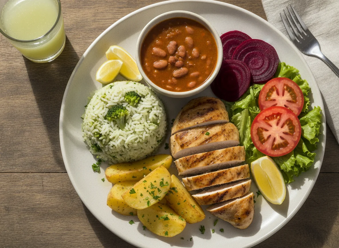 Frango grelhado com arroz de brócolis, feijão, batatas, beterraba e salada photo