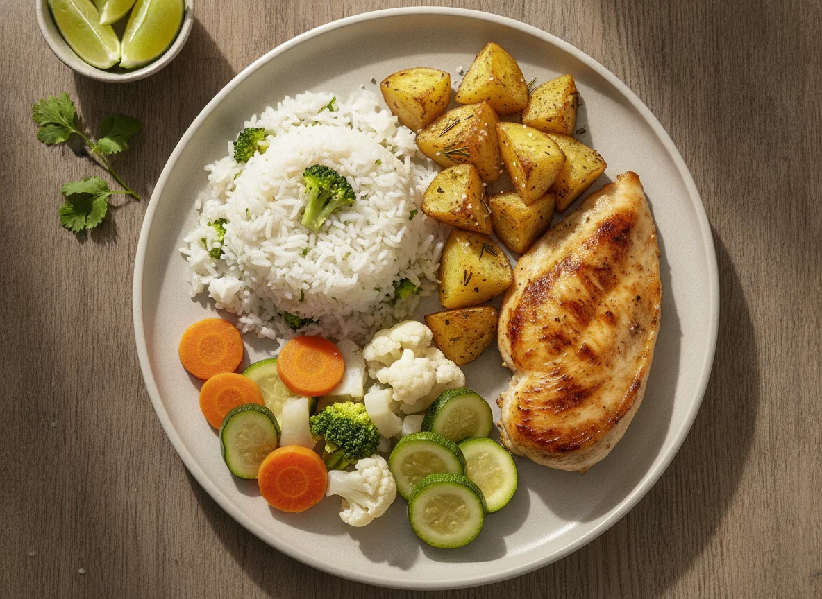Frango grelhado com arroz de brócolis, legumes e batatas rústicas photo