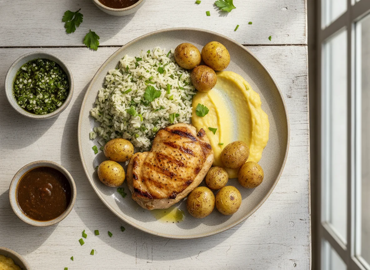Frango grelhado com arroz de ervas, purê e batatas assadas photo