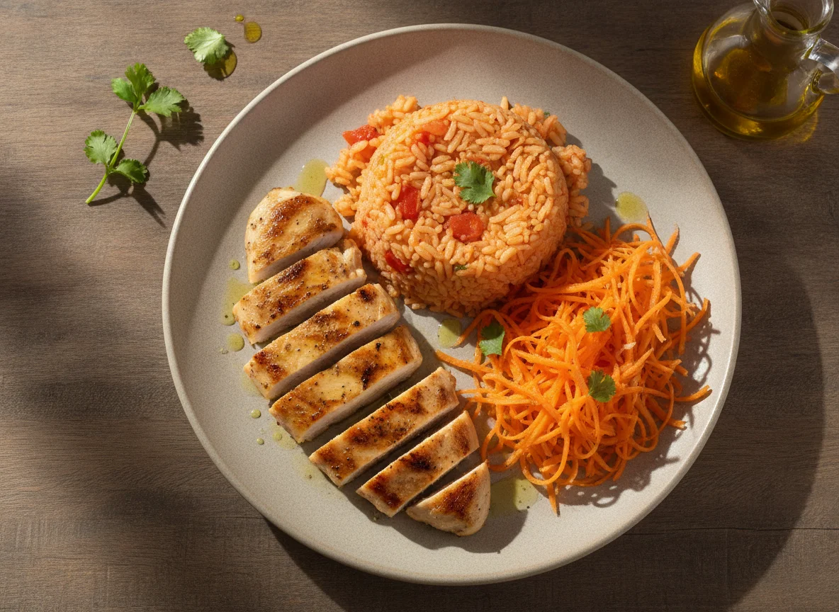 Frango grelhado com arroz de tomate e cenoura ralada photo