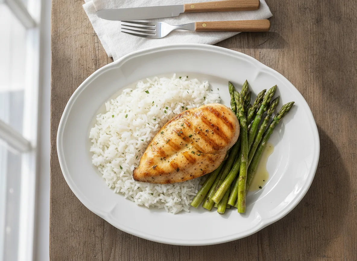 Frango grelhado com arroz e aspargos photo
