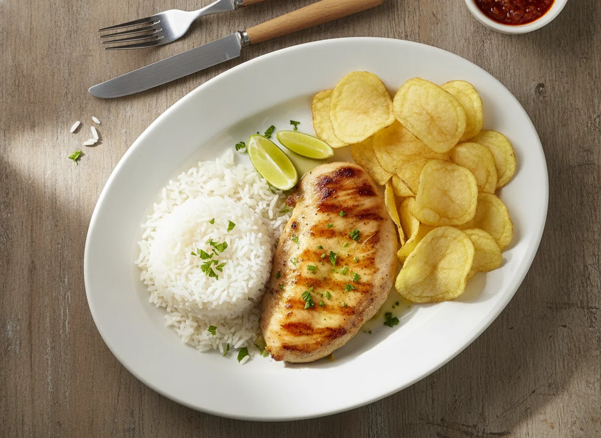 Frango grelhado com arroz e batata chips photo
