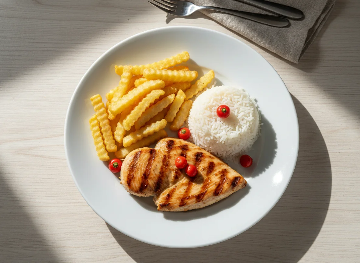 Frango Grelhado com Arroz e Batata Frita photo
