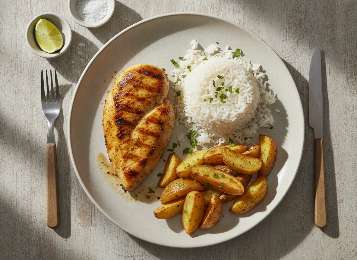 Frango grelhado com arroz e batatas assadas photo