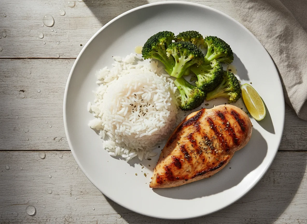 Frango grelhado com arroz e brócolis photo