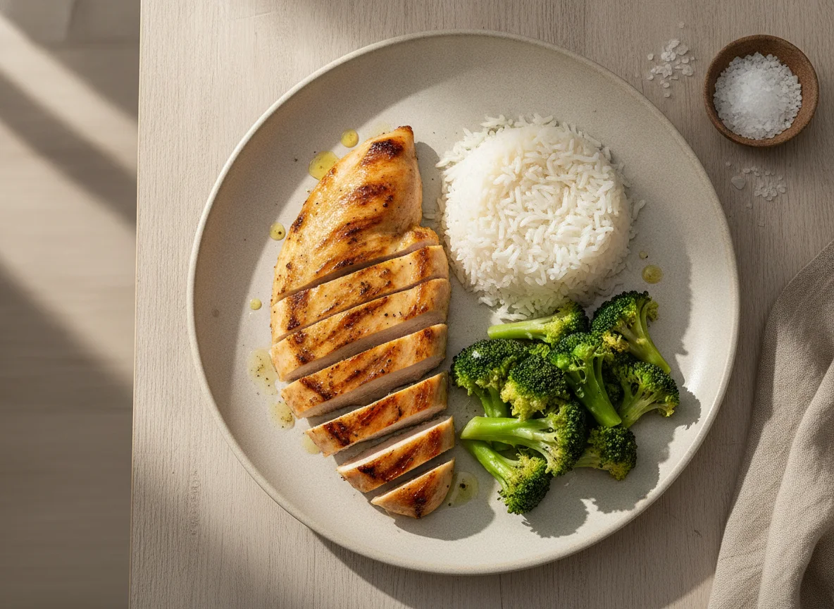 Frango grelhado com arroz e brócolos photo