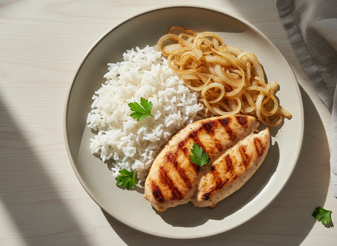 Frango grelhado com arroz e cebola refogada photo
