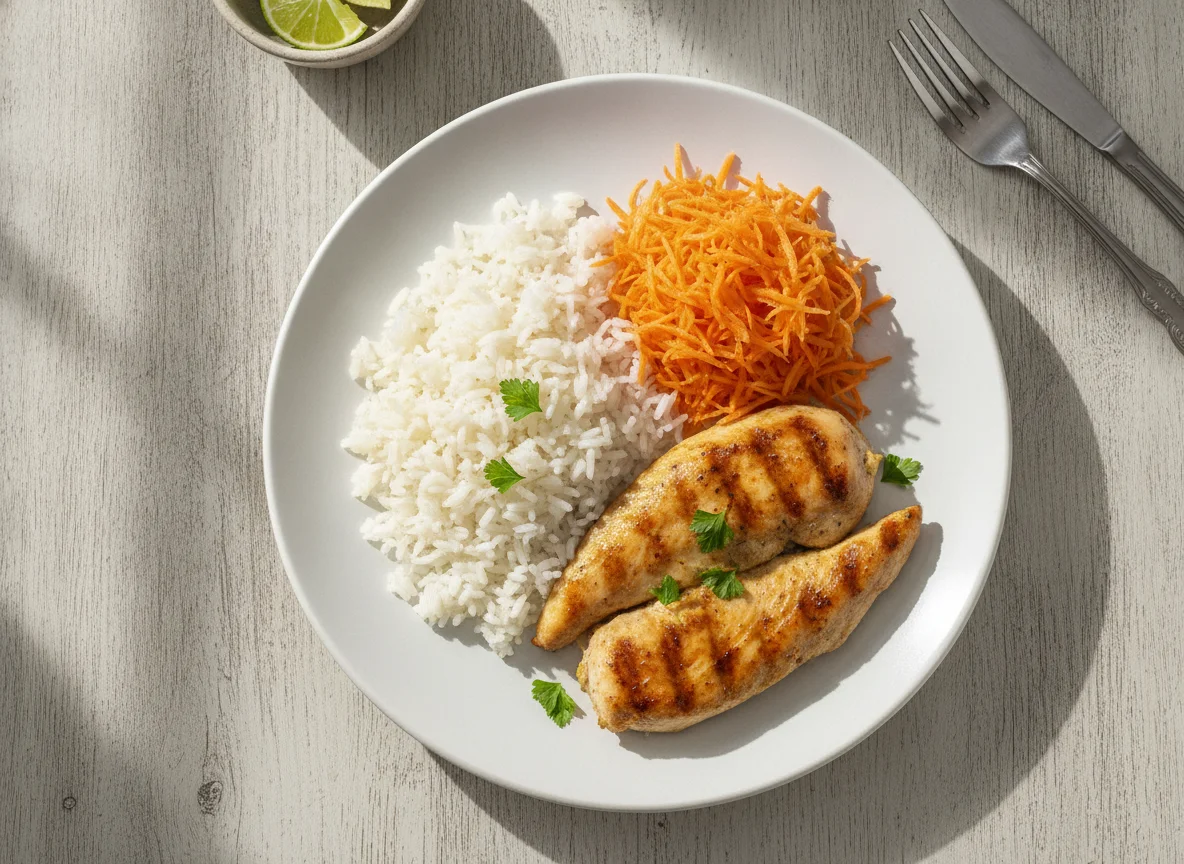 Frango grelhado com arroz e cenoura photo