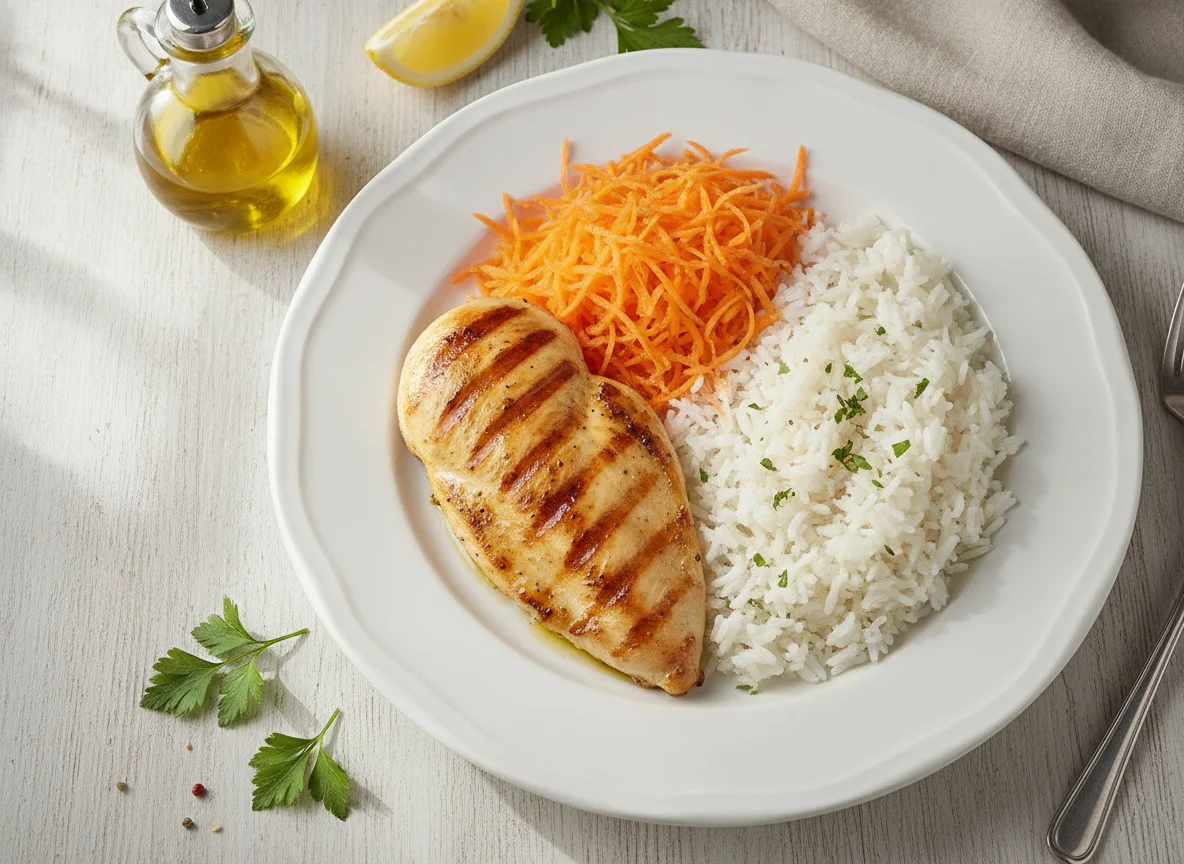 Frango grelhado com arroz e cenoura ralada photo