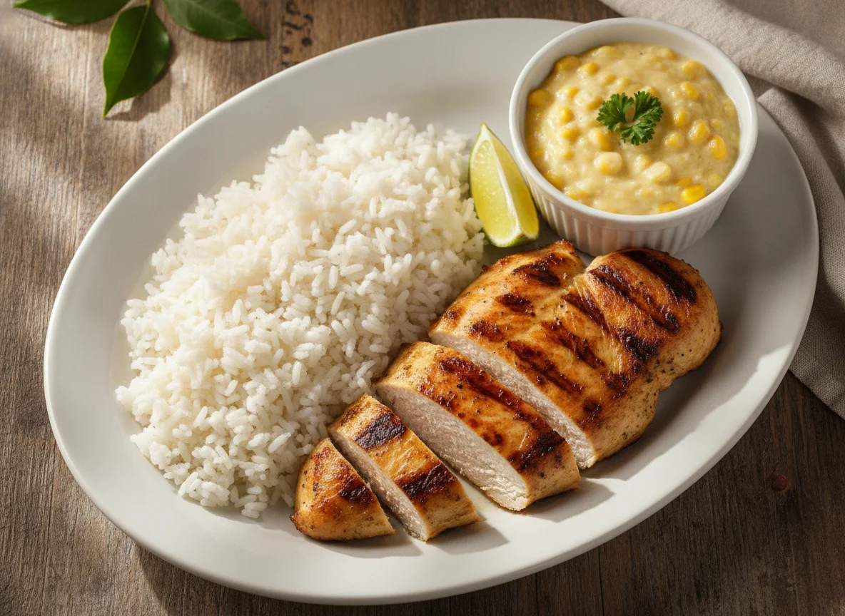 Frango grelhado com arroz e creme de milho photo