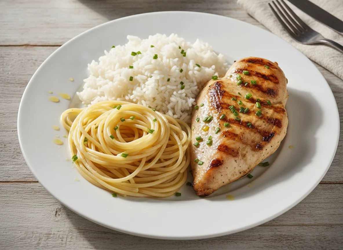 Frango grelhado com arroz e espaguete photo