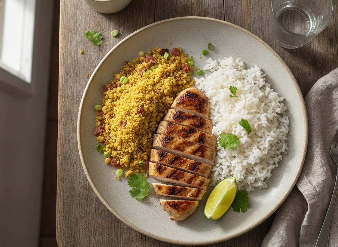 Frango grelhado com arroz e farofa photo